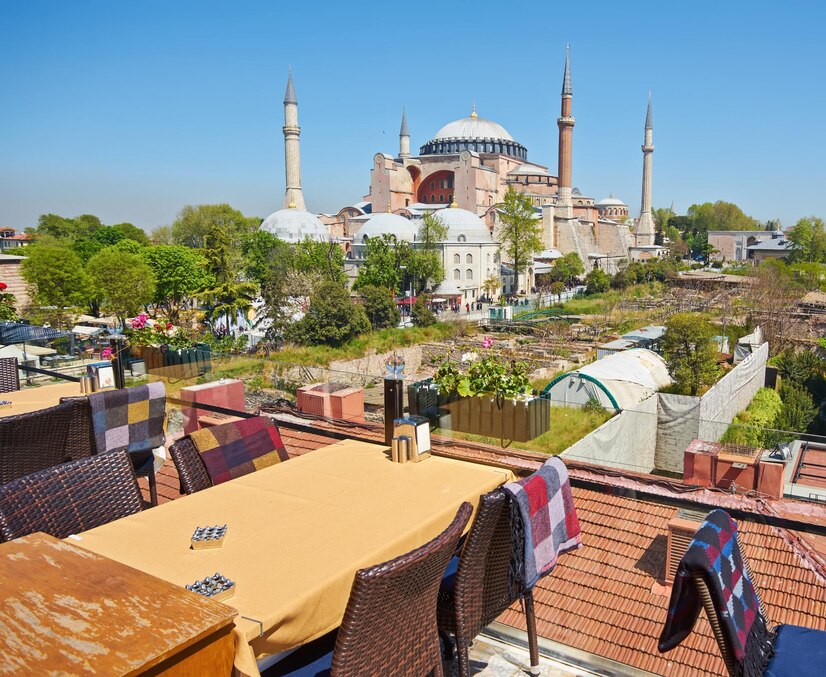 A stunning view of Istanbul’s skyline featuring the Bosphorus Bridge, Hagia Sophia, and the Blue Mosque, showcasing the city’s unique blend of history and modernity.